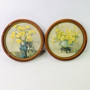 RARE Vintage Round Chinese Floral Art 2 PCS Watercolored Hand painted Wood Frame